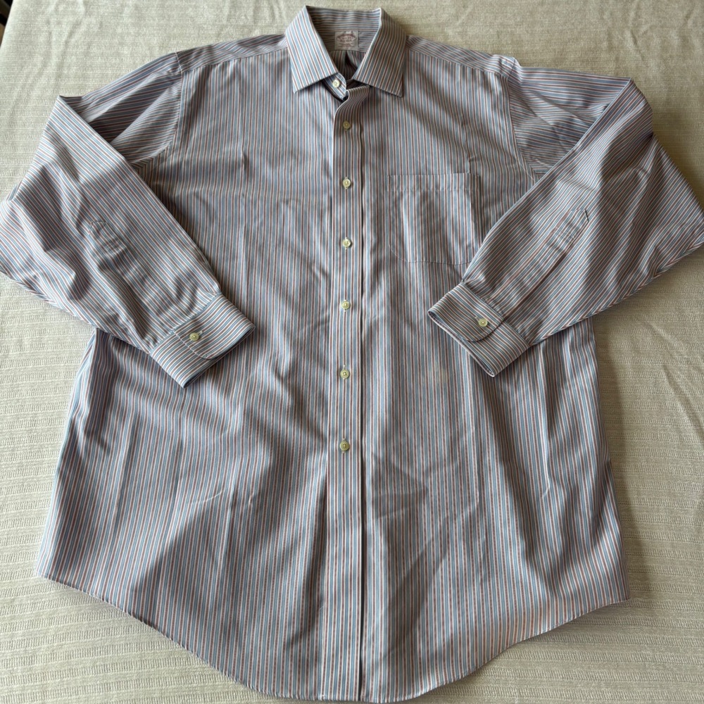 Brooks Brothers 16.5 34 Traditional Fit Non-Iron Striped Dress Shirt‎ Blue Red